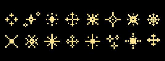 Abstract pixel icons in yellow color featuring crosses, stars, flashes and geometric shapes, perfect for retro gaming, UI design, digital art, icons and creative visual assets. illustration vector