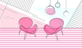 Modern line art interior with two pink accent chairs, geometric wall patterns, ideal for design blogs, home decor magazines, social media graphics, and presentation backgrounds. illustration vector