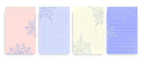 Set of pastel note papers featuring spider web designs with lined, grid, and dotted layouts, ideal for bullet journaling, Halloween themed planners, stationery, printable to-do lists and notes. vector