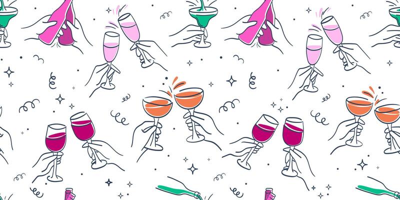 Seamless pattern with hand drawn lines of wine glasses, champagne glasses, cocktails, clink hands, for holiday designs, party invitations, New Year cards, packaging, festive backgrounds.