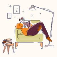 Young woman relaxing on armchair while reading a book, cozy home interior with floor lamp, in modern minimalist style illustration. Cozy Reading Time at Home with Books vector