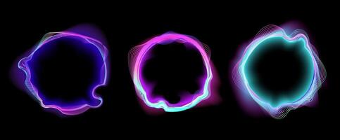 Set of abstract glowing circular sound waveforms in neon colors on a black background, ideal for music visualizers, DJ event graphics, audio interfaces, podcast branding, or EDM cover art. vector
