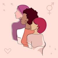 Minimalist line art of three diverse women side by side, symbolizing empowerment, unity, and gender equality. Feminist Diversity Concept with Multicultural Women. illustration vector