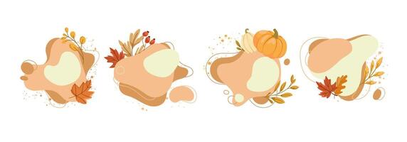 Set of abstract autumn shapes with fluid designs, fall leaves, branches, and pumpkins in warm seasonal tones, seasonal banners, social media posts, packaging, and autumn marketing designs. vector