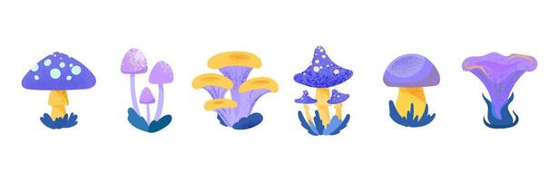 Fantasy Mushrooms set Illustration. Collection of whimsical mushrooms with texture in flat style, ideal for childrens designs, prints, icons, design element, packaging vector