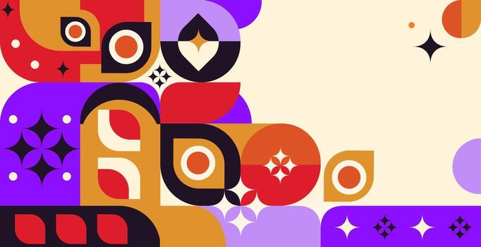 Bold Retro geometric abstract background in retro style with vibrant blocks, circles, stars, ideal for posters, branding, web design, packaging, and creative presentations. illustration vector