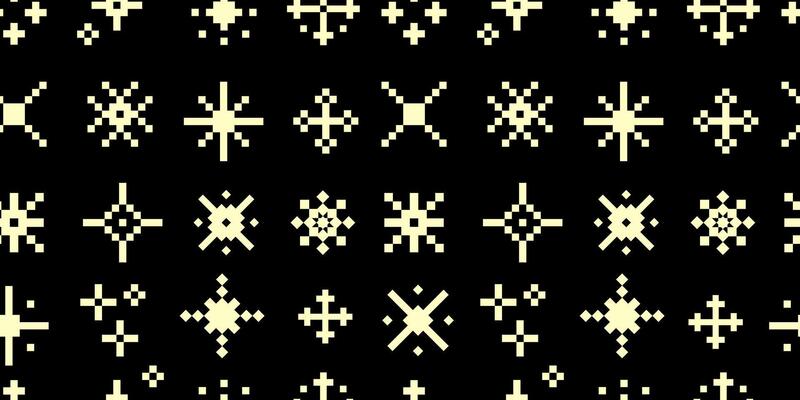 Vintage Pixel Glowing Star Pattern. Seamless pixel pattern with glowing retro stars, sparkles, light bursts, for vintage background, digital art, retro wallpapers, textile design, print paper.