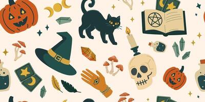 Halloween themed pattern with witches and cats vector