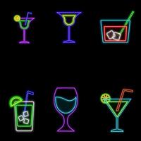 Cocktail neon sign set on brick wall background. various drink models. vector