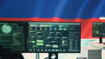 Surveillance and hacking room with a Russian flag on big screen, representing cyber espionage and digital manipulation. Russian government works on propaganda and misinformation campaigns. Camera A. photo