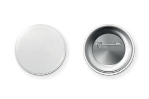 Button Badge Mockup. Blank Button Badge Front and Back, White Button Badge Template, Round Pin Button Badge Illustration for Branding, Promotional Design, Event Badge, Pin Mockup vector