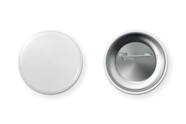 Button Badge Mockup. Blank Button Badge Front and Back, White Button Badge Template, Round Pin Button Badge Illustration for Branding, Promotional Design, Event Badge, Pin Mockup