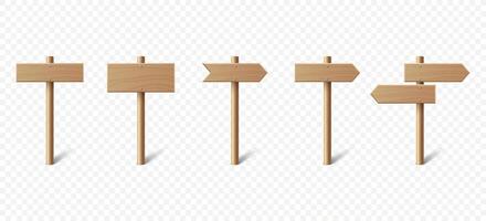 Realistic Wooden Blank Sign Post Set. Realistic Road Signboard. Plywood Pointer, Timber, Directional Sign Design Template, Front View. Illustration in 3D Style vector