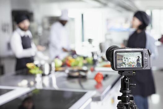 Cooking instructor and colleagues recording a master class online, demonstrating food preparation and plating techniques. Vlogging session helping beginners from anywhere in the world. photo