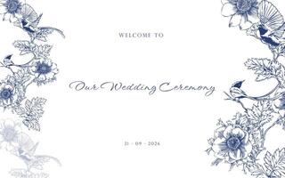 Hand Drawn Flycatcher Bird Surrounded by Anemone Flowers and Leaves Welcome to Our Wedding Template vector