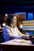 Photographer wearing headphones using retouching program on graphic tablet to edit images. Teleworking photo editor hearing podcasts while doing color grading on photographs in home studio