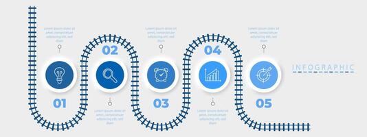 Five step infographic with road path and timeline map for process diagram with icon. Includes line element for business flow and creative milestone design with modern layout or pointer. vector