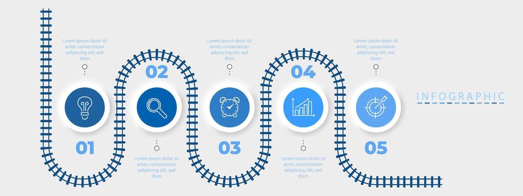 Five step infographic with road path and timeline map for process diagram with icon. Includes line element for business flow and creative milestone design with modern layout or pointer.