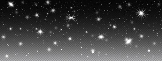 Shiny stars and sparkle light on a dark background with glow, glitter, and flare. effect with transparent sky dust or abstract festive burst. vector