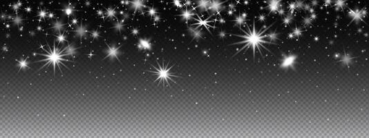 Night sky with star sparkle, flare, and glowing particles for abstract or space design. Transparent effect with twinkle, shine, and glitter for use. vector