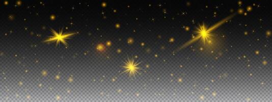 Golden light and glitter with star sparkles and shine on black background for festive or magic effect. Bright yellow stardust with glow, swirl, and flare. vector