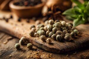 Fresh seeds and spices on wood photo