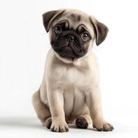 A pug puppy sitting down on a white background photo