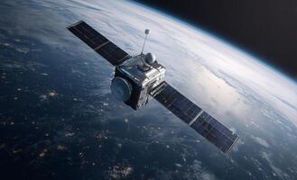 Modern space communications and telecommunications satellites. Space communications satellite in low orbit around the Earth. Satellite in orbit around earth with solar panels. photo