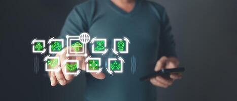 Nature green Business Innovation and Sustainable Development concept.person touch technology icon to save energy,and reduce global warming,eco friendly investment,ESG environment social governance. photo