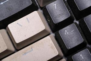 Close-up shot of square key caps in gray and black. Macro Photography of mechanical keyboard with two unique and cool colors. Dirty keycaps with dirt and crust closeup. Technology Themes photo