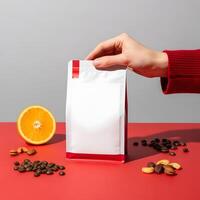 Coffee bean bag with orange and nut mix, Modern coffee bag with fresh orange and nut, a refreshing blend photo