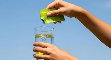 Electrolyte Powder Being Added to Water for Hydration, Refreshing Summer Drink on a Hot Day, Electrolytes Added to Drinking Water for Better Health photo