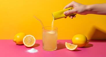 A Burst of Citrus Vibrant Lemonade Preparation with a Golden Backdrop, Zesty Lemonade Creation Hand Pouring Packet into Glass on a Cheerful Yellow and Pink Scene photo