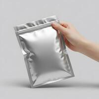 Silver Stand-Up Pouch in Hand, Ready for Product Label, Shiny Metallic Packaging Held by Person for Display and Marketing photo