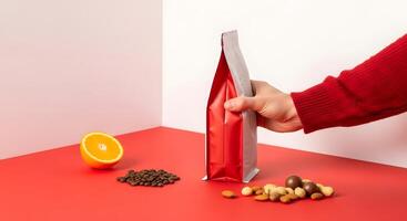 Product photography a red coffee bag next to an orange, coffee beans, and nuts, Coffee beans, nuts, and an orange set a festive tone for the coffee product shoot photo