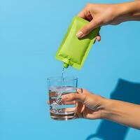 Refreshing drink being poured into a glass, green pouch with water being added for drinking pleasure, bright blue background studio scene photo