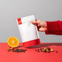 Elegant Coffee Bean Packaging with a Touch of Citrus, High-Quality Mockup Featuring Product in Hand and an Array of Flavor Accents photo