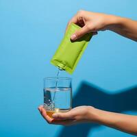 Hydration on a bright blue day a green sachet being poured into water, Stay refreshed A close-up of a hand pouring a green powder mix into a glass of clear water photo