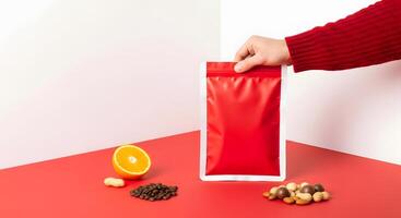 Vibrant Presentation of Healthy Snacks in Stylish Packaging on a Red Surface, Fresh Orange and Chocolates Beside Red Product Package in Creative Composition photo