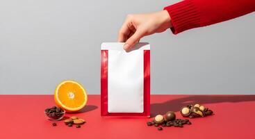Coffee Bean Packaging Mockup with Orange and Macadamia Nuts, Red and White Branding Design Concept for Coffee Products photo