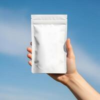 White Pouch Against a Bright Blue Sky, Hand Holding Sealed Packet Ready for Label Design or Branding, Copy Space photo
