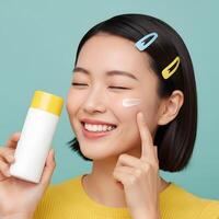 Asian woman applying sunscreen with a big smile, Beauty model using sun protection with bright accessories photo