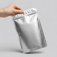 Silver Mylar Bag Held by Hand for Product Mockup, Blank Packaging Pouch with Zipper for Food or Merchandise photo
