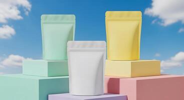 Vibrant Stand-Up Pouch Mockup Against a Blue Sky, Colorful Matte Packaging Design on Geometric Pedestals photo