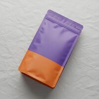 Two-tone Packaging Pouch on Crumpled Paper, Modern Product Presentation, Sleek Stand-Up Pouch Design with Zipper photo