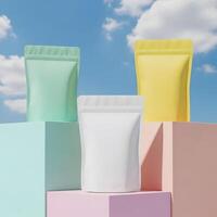 Colorful Packaging Against a Sky Background, Creative Product Mockups for Branding and Presentation photo