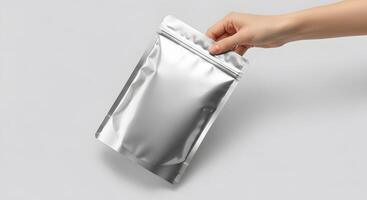 Shiny Silver Stand-Up Pouch Held by Hand, Mockup for Design Presentation, Sleek Metallic Packaging photo