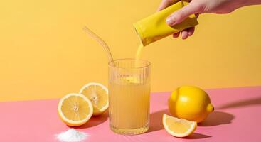 Refreshing Lemonade Preparation with Citrus Fruits and a Glass Straw, Hand Pouring Lemon Flavoring into a Brightly Lit Beverage photo