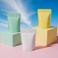 Colorful Packaging Presentation Against a Blue Sky Backdrop, Pastel Product Mockups for Modern Brand Showcase photo
