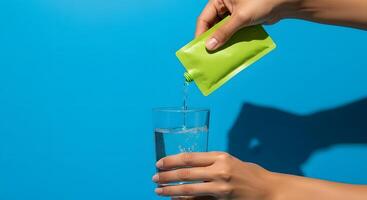 Hydration on Bright Blue A Wellness Ritual Unveiled, Pouring Hydration A Fresh Take on Wellness and Vitality photo